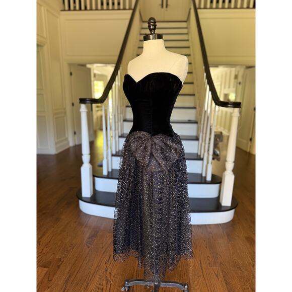 Vintage 80s Glitter Lace Prom Black Dress Velvet WhimsyGoth Celestial Punk Alt - Picture 7 of 13